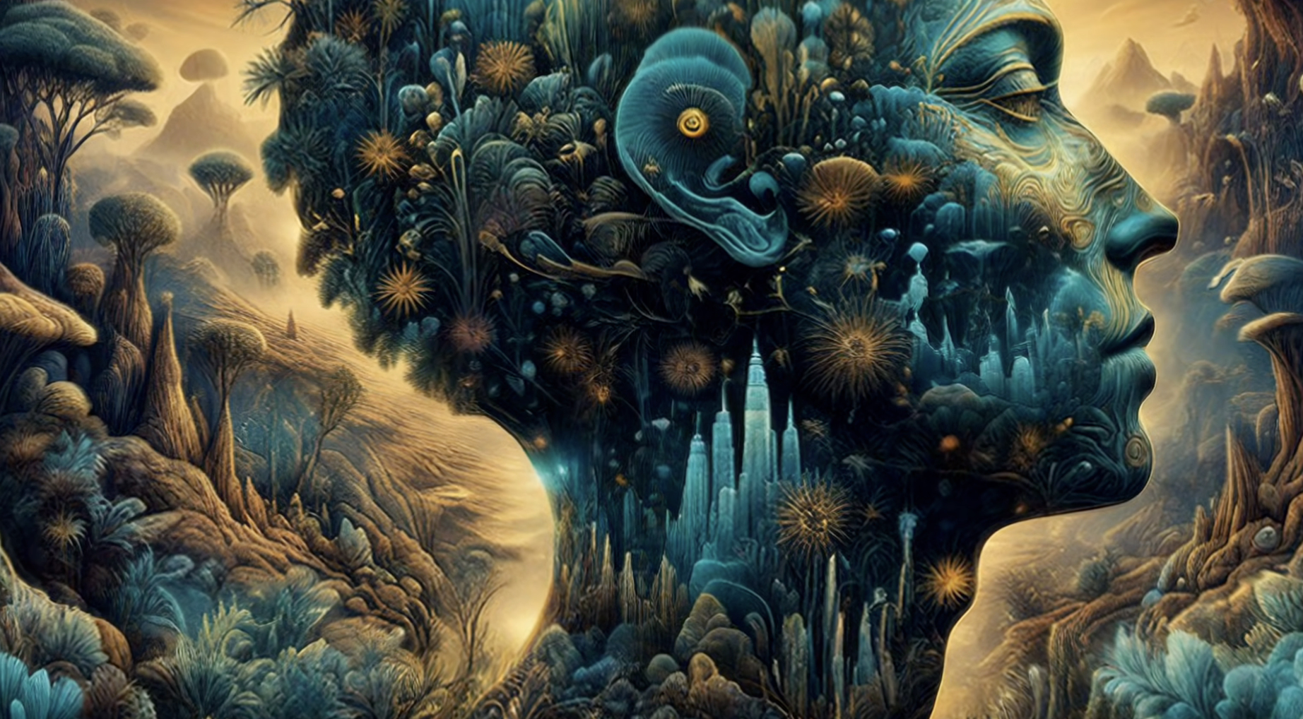 A human silhouette integrated with a city and a forest under a psychedelic sky.